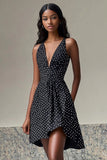 Vestido Verão Decote em V Ponto Branco Preto Curto/Mini Linha-A