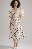Vestido Verão Decote em V Midi Marfim Preto Mangas Curtas