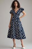 Vestido Verão Decote em V Midi Ponto Branco Marinha Linha-A