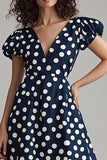 Vestido Verão Decote em V Midi Ponto Branco Marinha Linha-A