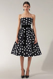 Vestido Verão Sem Alças Midi Linha-A Ponto Branco Preto