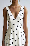 Vestido Verão Decote em V Linha-A Midi Ponto Preto Branco