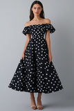 Vestido Verão Fora do Ombro Ponto Branco Preto Midi Chiffon