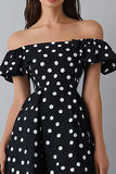 Vestido Verão Fora do Ombro Ponto Branco Preto Midi Chiffon