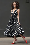 Vestido Verão Decote em V Ponto Branco Preto Midi Linha-A