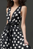 Vestido Verão Decote em V Ponto Branco Preto Midi Linha-A