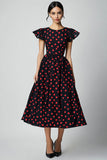 Vestido Verão Pescoço de Barco Linha-A Midi Ponto Vermelho Preto