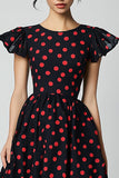 Vestido Verão Pescoço de Barco Linha-A Midi Ponto Vermelho Preto