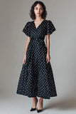 Vestido Verão Decote em V Longo Ponto Branco Preto Linha-A