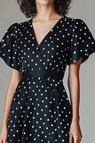 Vestido Verão Decote em V Longo Ponto Branco Preto Linha-A