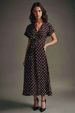 Vestido Verão Decote em V Mangas Curtas Café Branco Dot