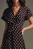 Vestido Verão Decote em V Mangas Curtas Café Branco Dot