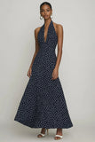 Vestido Verão Linha-A Chiffon Cabeçada Longo Ponto Branco Preto