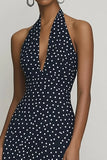Vestido Verão Linha-A Chiffon Cabeçada Longo Ponto Branco Preto