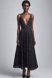 Vestido Verão Decote em V Ponto Branco Preto Longo Linha-A