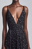 Vestido Verão Decote em V Ponto Branco Preto Longo Linha-A