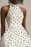 Vestido Verão Linha-A Ponto Preto Branco Midi Pescoço Alto