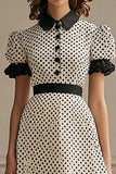 Vestido Verão Linha-A Lapela Ponto Preto Branco Midi Mangas Curtas