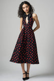 Vestido Verão com Arco Linha-A Midi Sem Mangas Ponto Vermelho Preto
