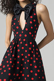 Vestido Verão com Arco Linha-A Midi Sem Mangas Ponto Vermelho Preto