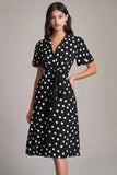 Vestido Verão Decote em V Midi Linha-A Ponto Branco Preto