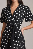 Vestido Verão Decote em V Midi Linha-A Ponto Branco Preto