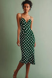 Vestido Verão Ponto Branco Verde Alças Finas Midi Bodycon