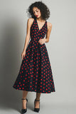 Vestido Verão Decote em V Midi Linha-A Ponto Vermelho Preto