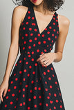 Vestido Verão Decote em V Midi Linha-A Ponto Vermelho Preto