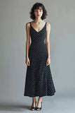 Vestido Verão Linha-A Longo Ponto Branco Preto Decote em V