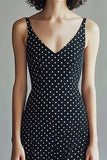 Vestido Verão Linha-A Longo Ponto Branco Preto Decote em V