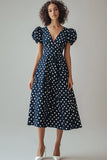 Vestido Verão Decote em V Midi Linha-A Ponto Branco da Marinha