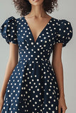 Vestido Verão Decote em V Midi Linha-A Ponto Branco da Marinha