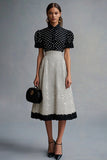 Vestido Verão Ponto Branco Preto Lapela Midi Linha-A Mangas Curtas