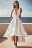 Marfim Cetim Decote em V Midi Vestido De Noiva Simples