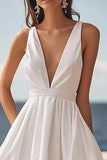 Marfim Cetim Decote em V Midi Vestido De Noiva Simples