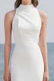 Marfim Pescoço Alto Cetim Midi Vestido De Noiva Simples