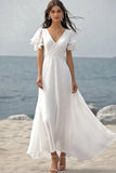 Marfim Chiffon Decote em V Longos Vestido De Noiva Simples