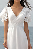 Marfim Chiffon Decote em V Longos Vestido De Noiva Simples