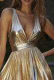 Vestido de cocktail Metallic Gold Short A-Line com pregas