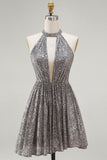Vestido Curto Prateado Brilhante para Cocktail com Lantejoulas