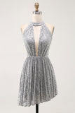 Sparkly A-Line Cut out Short Open Back Vestido de Coquetel Prateado