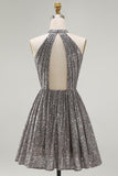 Vestido Curto Prateado Brilhante para Cocktail com Lantejoulas