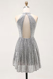 Sparkly A-Line Cut out Short Open Back Vestido de Coquetel Prateado