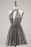 Vestido Curto Prateado Brilhante para Cocktail com Lantejoulas