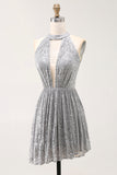 Sparkly A-Line Cut out Short Open Back Vestido de Coquetel Prateado