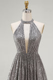Vestido Curto Prateado Brilhante para Cocktail com Lantejoulas