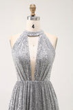 Sparkly A-Line Cut out Short Open Back Vestido de Coquetel Prateado