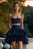 Vestido de cocktail curto da linha A da Marinha com folhos