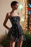 Vestido de cocktail preto curto A-Line com apliques